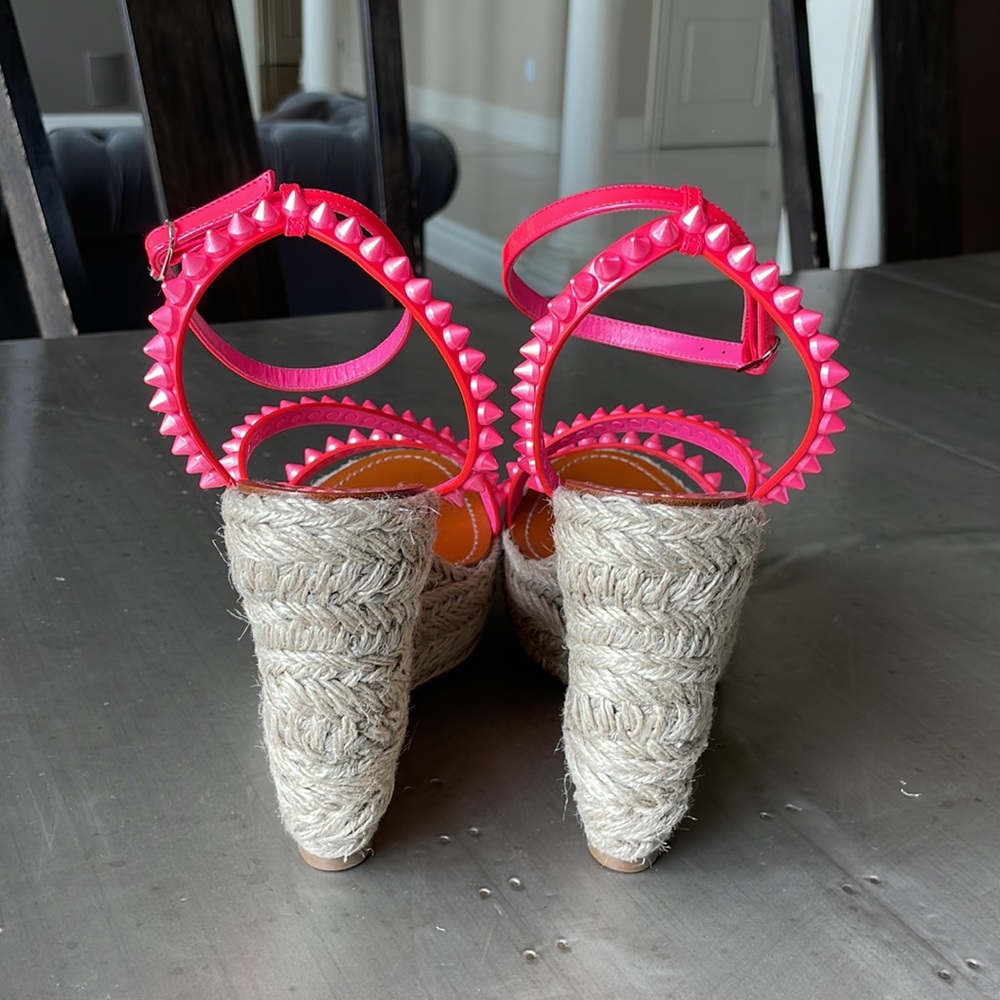 Christian louboutin mafaldina 120mm wedge espadrille pink neon sandal sz 40 - Picture 7 of 14